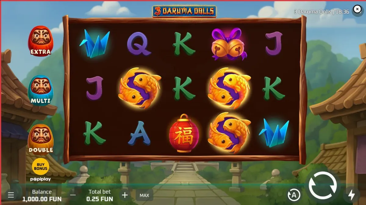 3 Daruma Dolls slot machine interface na may mga Japanese symbols at makulay na disenyo