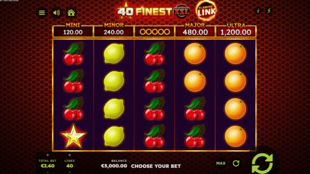 Isang makulay na display ng 40 Finest XXL Flaming Link slot machine na may mga nagniningas na simbolo ng prutas at neon na disenyo.