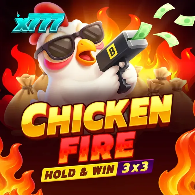 Isang makulay na 3x3 slot na may temang manok at apoy.